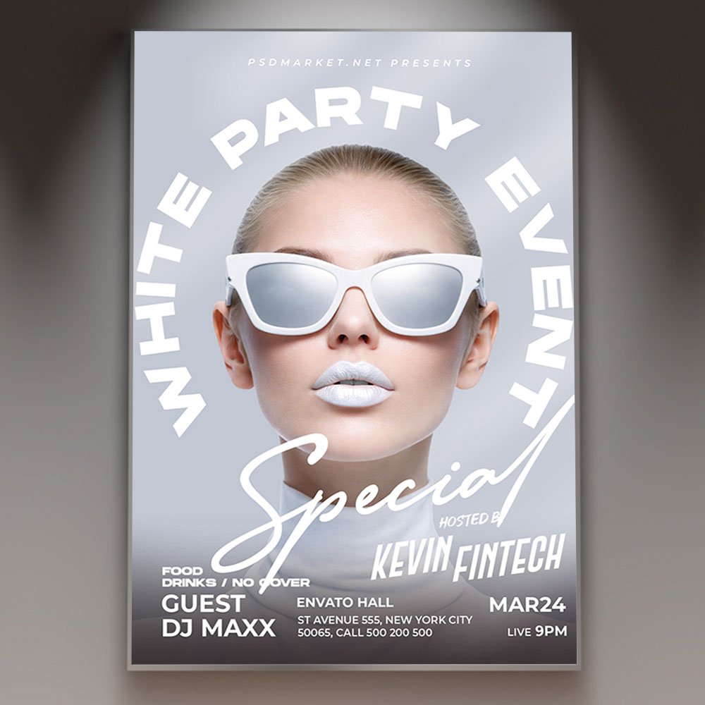 white_party_event_night_flyer_psd_template_1 A professional White Party Event Night Flyer PSD Template featuring a sophisticated minimalist all-white design with elegant silver accents and cinematic lighting.