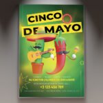 A professional 5 de Mayo Event Flyer PSD Template featuring vibrant Mexican festive colors, tequila bottle illustrations, and modern 2026 party branding.