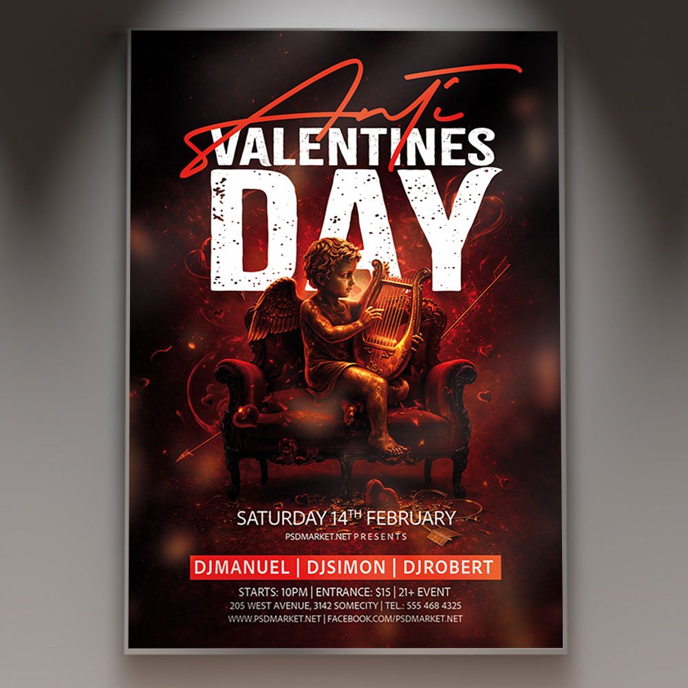anti_valentines_day_flyer_psd_template_1 A professional Anti Valentine's Day Flyer PSD Template featuring edgy glitch effects, dark neon lighting, and bold 2026 club typography.