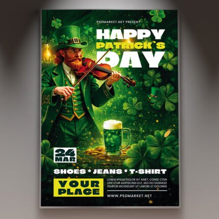 A professional Beer Patrick Event 2026 Flyer Template featuring 3D clovers, a frosty mug of beer, and bold green-and-gold typography for St. Patrick's Day