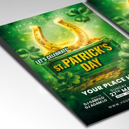 A customizable 2026 St. Paddy's event flyer showcasing premium golden coin accents and futuristic green light textures for high-end club promotion.