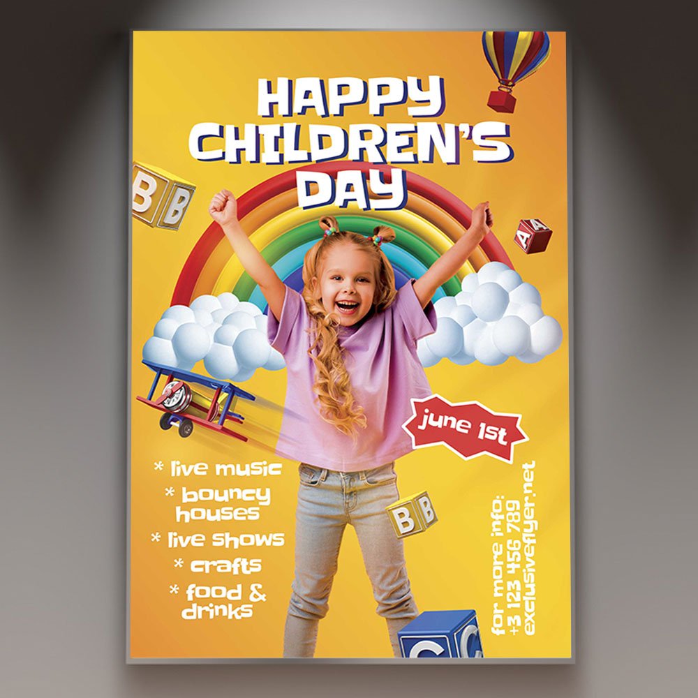 childrens-day-flyer-psd-template-1 A colorful Children's Day Flyer PSD Template featuring playful 2026 illustrations, balloons, and vibrant text for a family-friendly festival.