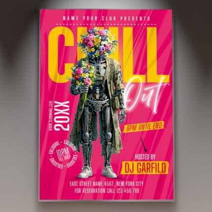 A professional Chill Out Club Party Flyer PSD Template featuring soft pastel gradients, 3D abstract shapes, and elegant modern typography for a 2026 lounge event.