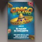 A high-energy Cinco de Mayo Celebration Flyer PSD Template featuring a vibrant Mexican theme with tequila, sombreros, and festive papel picado for 2026.