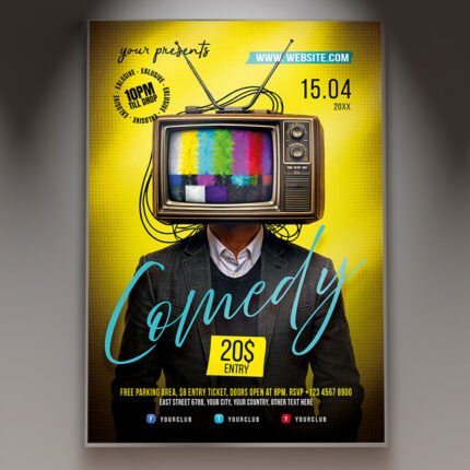 A professional Club Comedy Flyer PSD Template featuring cinematic stage lighting, a classic microphone stand, and bold modern typography for a 2026 show.