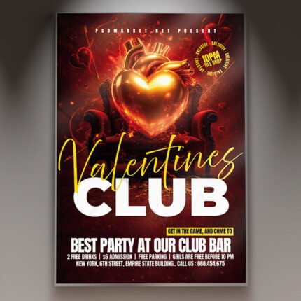 A professional Club Valentine's Flyer PSD Template featuring a glowing 3D heart centerpiece, deep crimson lighting, and sleek modern typography for a 2026 party.