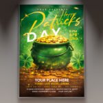A professional Happy Patrick's Day 2026 Flyer PSD Template featuring a luxurious 3D shamrock centerpiece, cinematic emerald lighting, and sleek modern typography.