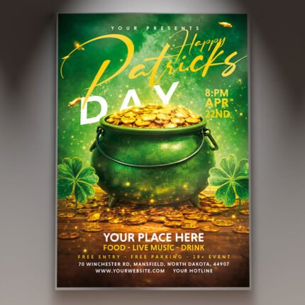 A professional Happy Patrick's Day 2026 Flyer PSD Template featuring a luxurious 3D shamrock centerpiece, cinematic emerald lighting, and sleek modern typography.