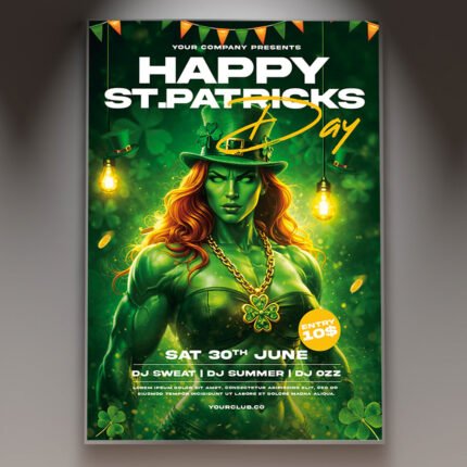 A professional Happy Patrick's Event 2026 Flyer PSD Template featuring shimmering 3D clovers, cinematic emerald green lighting, and bold gold accents.