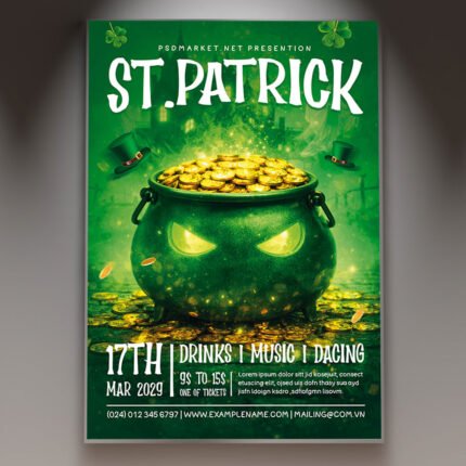 A professional Happy Saint Patrick 2026 Flyer Template featuring premium 3D clovers and golden coin accents with vibrant emerald green lighting.