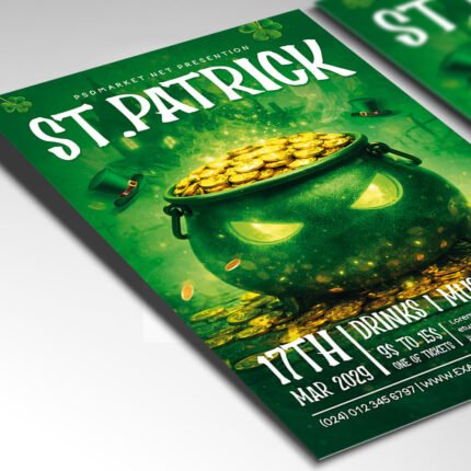 A customizable St. Paddy's club flyer for the 2026 season showcasing a high-end festive aesthetic with professional cinematic light flares and textures.