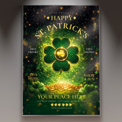 A professional Happy St. Patrick Day 2026 Flyer PSD Template featuring shimmering 3D clovers, gold coin accents, and a cinematic emerald light glow.