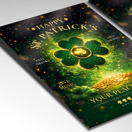 A customizable high-energy Irish holiday flyer for 2026 showcasing vibrant green lighting effects and modern festive typography.