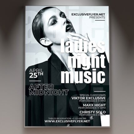 A professional Ladies Night Music Flyer PSD Template featuring vibrant neon pink lights, a stylish club atmosphere, and sleek 2026 typography.