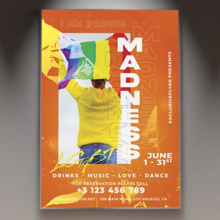 A professional LGBT Madness Flyer PSD Template featuring explosive rainbow paint splashes, vibrant neon lighting, and bold 2026 typography.