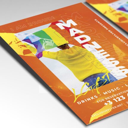 A customizable 2026 Pride event flyer with high-octane "Madness" visuals, featuring high-definition rainbow textures and cinematic light leaks.