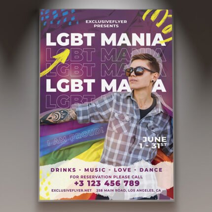 A professional LGBT Mania Flyer PSD Template featuring vibrant 2026 neon rainbow flares, 3D party elements, and bold modern typography.