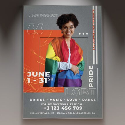 A professional LGBT Pride Flyer PSD Template featuring a vibrant 2026 rainbow theme, cinematic light flares, and modern bold typography.