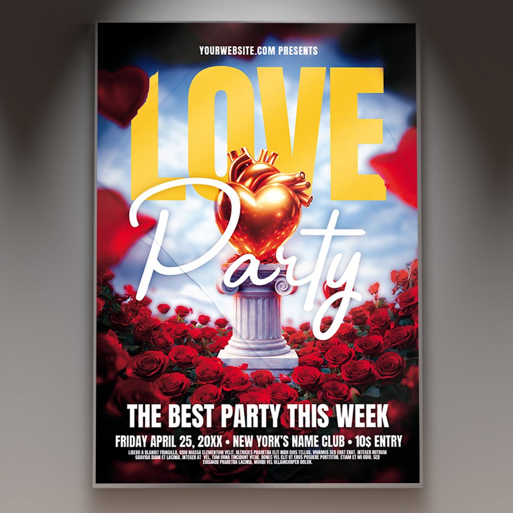 love_2026_event_flyer_psd_template_1 A professional Love 2026 Event Flyer PSD Template featuring a luxurious 3D heart centerpiece, cinematic lighting, and sleek modern typography.