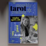 A professional Monthly Tarot Reading Flyer PSD Template featuring a high-definition tarot spread, soft celestial lighting, and elegant moon phases.