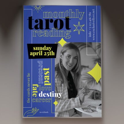 A professional Monthly Tarot Reading Flyer PSD Template featuring a high-definition tarot spread, soft celestial lighting, and elegant moon phases.