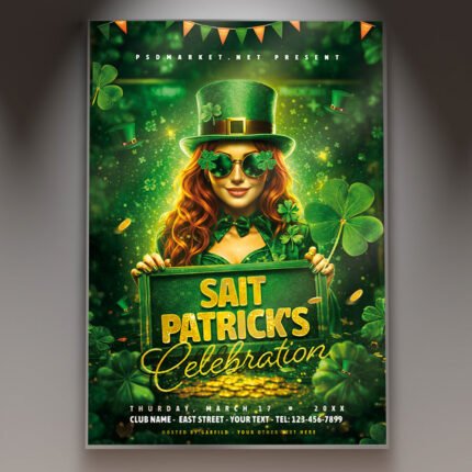 A professional Patricks Celebration 2026 Flyer PSD Template featuring shimmering 3D shamrocks, golden details, and vibrant emerald green lighting.
