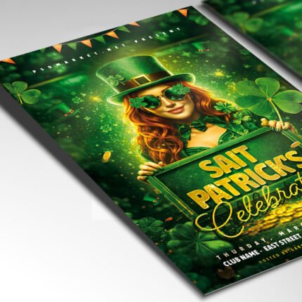 A customizable St. Patrick's Day celebration flyer for 2026 showcasing a high-end festive aesthetic with cinematic light flares and modern typography.