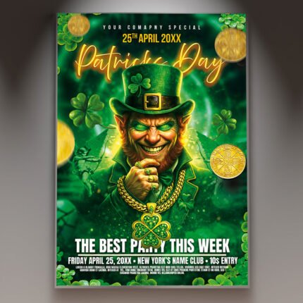 A professional Patricks Party 2026 Flyer PSD Template featuring shimmering 3D clovers, golden coin accents, and vibrant emerald green lighting for a 2026 club event.