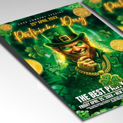 A customizable high-end St. Paddy’s flyer for 2026 showcasing an electric green aesthetic with professional cinematic light flares and bold typography.