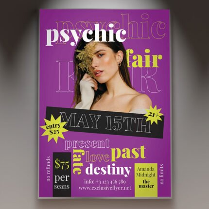 A professional Psychic Fair Flyer PSD Template featuring a glowing crystal ball, mystical light effects, and a deep purple atmospheric background for a 2026 event.