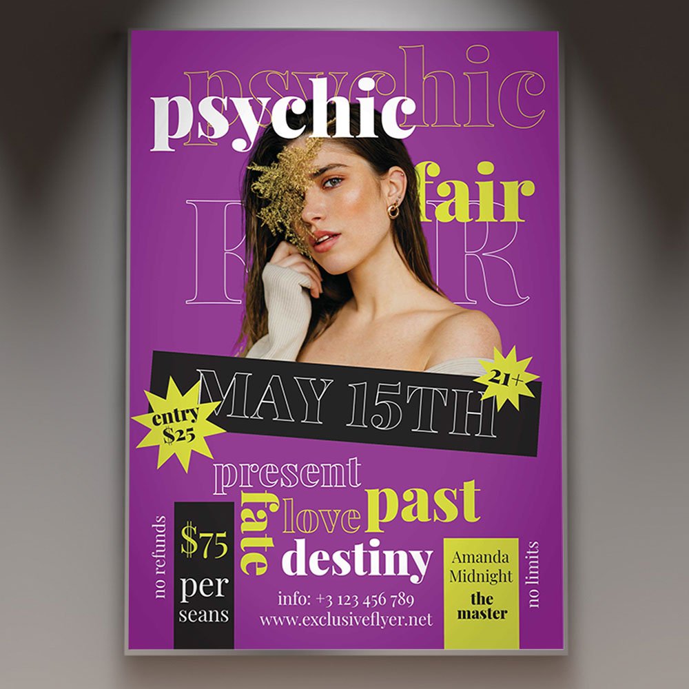 psychic-fair-flyer-psd-template-1 A professional Psychic Fair Flyer PSD Template featuring a glowing crystal ball, mystical light effects, and a deep purple atmospheric background for a 2026 event.