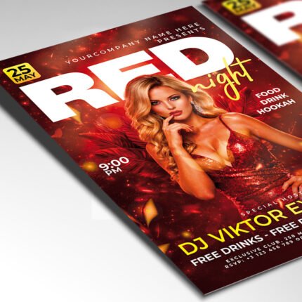 A customizable high-energy club flyer showcasing a deep red aesthetic with professional-grade lighting effects and cinematic details.