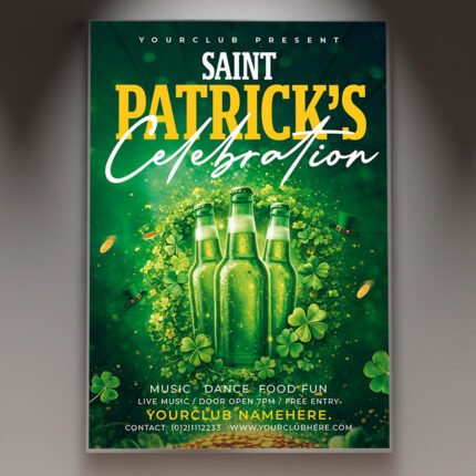 A professional Saint Patrick Day PSD Flyer Template featuring 3D clovers, golden coin accents, and vibrant emerald green lighting for a 2026 event.