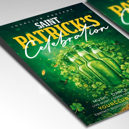 A customizable St. Paddy's night club flyer showcasing a high-energy Irish aesthetic with professional-grade textures and cinematic light flares.
