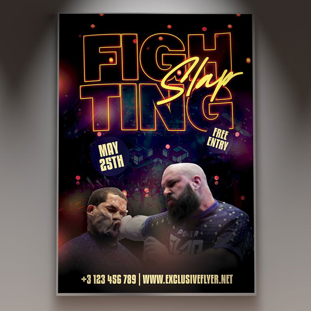 slap-fighting-flyer-psd-template-1 A professional Slap Fighting Flyer PSD Template featuring a high-impact combat scene with gritty textures and explosive visual effects.