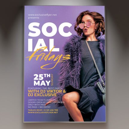 A professional Social Fridays Flyer PSD Template featuring a sleek urban nightlife background, cinematic light flares, and modern 2026 typography.