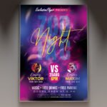 A professional Zodiac Night Flyer PSD Template featuring celestial constellation maps, glowing cosmic flares, and elegant gold zodiac symbols on a midnight blue background.