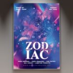 A professional Zodiac Party Flyer PSD Template featuring celestial constellations, glowing stars, and elegant gold zodiac symbols on a deep space background.