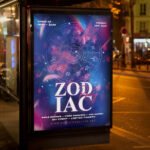 An eye-catching invitation for a signature "Zodiac Night" party, featuring a sleek cosmic layout and modern celestial typography for nightlife promotion.