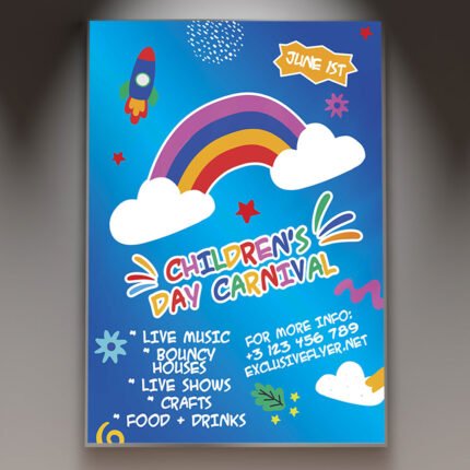 A vibrant Children's Day Carnival Flyer PSD Template featuring a ferris wheel, colorful bunting, and playful 2026 design elements for a family fair.