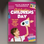 A professional Children's Day Celebration Flyer PSD Template featuring vibrant 2026-style balloons, whimsical graphics, and joyful children character illustrations.