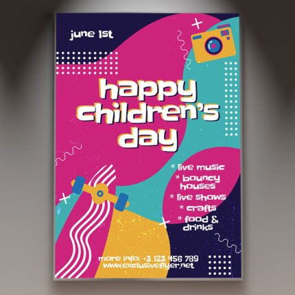 A vibrant Children's Day Event Flyer PSD Template featuring colorful 3D balloons, 2026 festive graphics, and playful bold typography for a kids' festival.