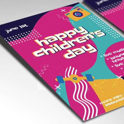A customizable 2026 children's party poster PSD showcasing high-resolution whimsical illustrations and a professional celebratory layout for event organizers.