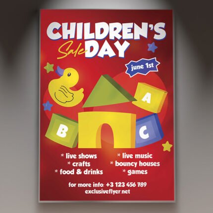 A professional Children's Day Sale Flyer PSD Template for 2026, featuring a bright "Special Sale" banner, playful balloons, and vibrant retail design elements.