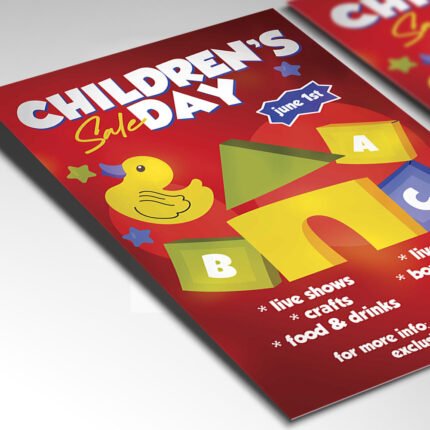 A customizable 2026 kids' shopping promotion flyer in PSD format with high-definition textures and organized Photoshop layers for easy editing.