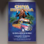 A professional Chiva Rumbera Event Flyer PSD Template for 2026 featuring a colorful party bus, vibrant neon lights, and bold festive typography.