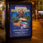 An eye-catching "Chiva Rumbera 2026" invitation design showing sharp 300 DPI resolution and a premium layout for mobile disco and nightlife promotions.