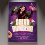 A professional Chiva Rumbera Night Flyer PSD Template for 2026 featuring a neon-lit party bus against a dark city backdrop with electric blue and pink accents.