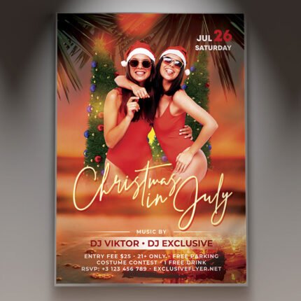 A professional Christmas in July Bash Flyer PSD Template for 2026 featuring neon holiday graphics, sun-tanned Santa characters, and vibrant summer-party colors.