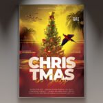 A professional Christmas in July Event Flyer PSD Template for 2026, featuring a blend of tropical palm trees and icy holiday snowflakes for a summer party.